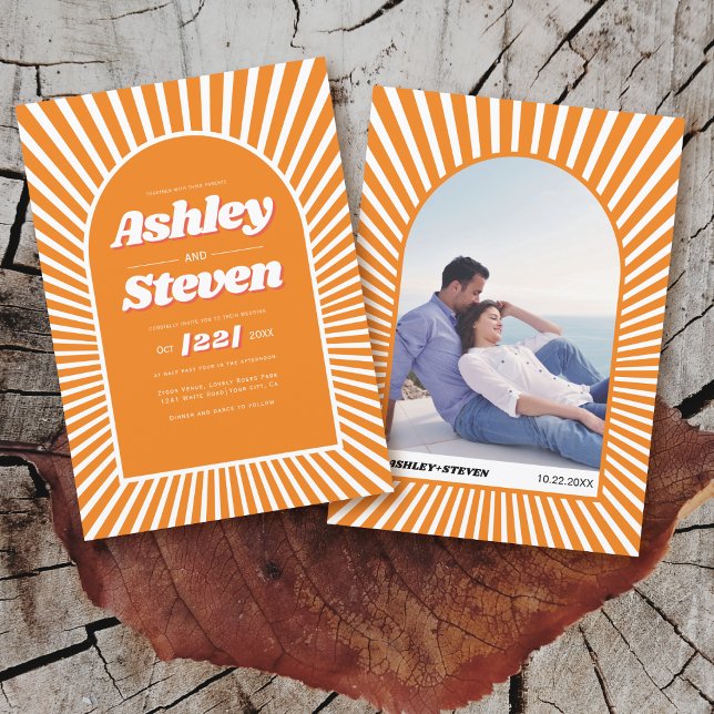 Retro groovy orange sunrays 70s inspired wedding invitation (This wedding invitation is an ode to the 70s.)
