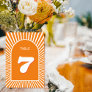 Retro groovy orange sunrays 70s inspired wedding table number