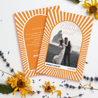 Retro groovy orange sunrays 70s inspired wedding thank you card