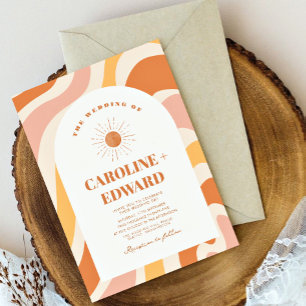 Retro Groovy Orange Wavy Boho Wedding Qr Code  Invitation