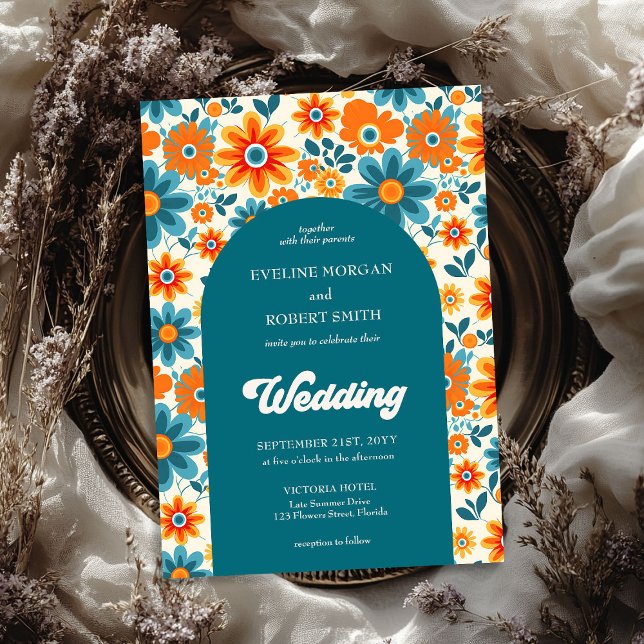 Retro groovy orange yellow and blue flowers arch invitation (Retro groovy orange yellow and blue flowers arch invitation)