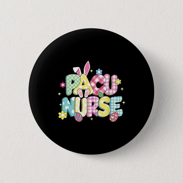 Retro Groovy Pacu Nurse Bunny Ear Funny Easter Gif Button (Front)
