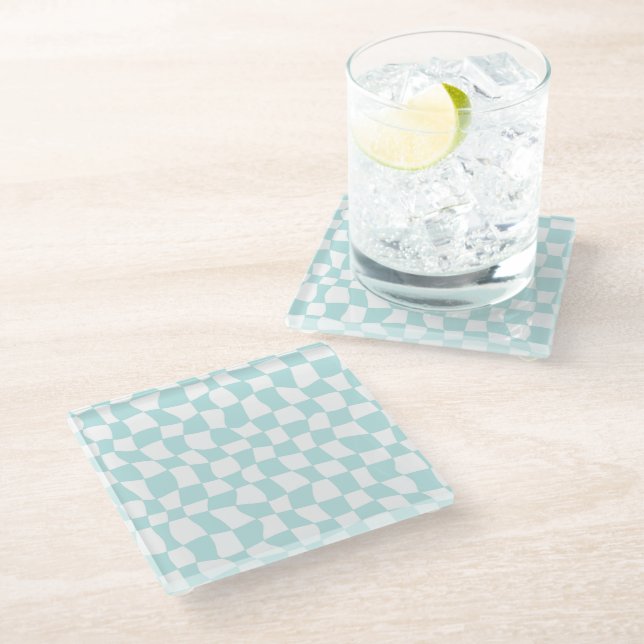 Retro Groovy Pastel Blue White Checks Checkered    Glass Coaster (Angled)