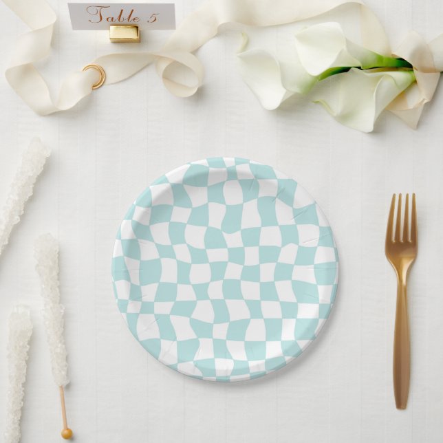 Retro Groovy Pastel Blue White Checks Checkered    Paper Plates (Wedding)