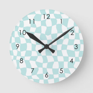 Retro Groovy Pastel Blue White Checks Checkered Round Clock