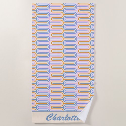 Retro Groovy Pastel Lines Pattern Personalized Beach Towel