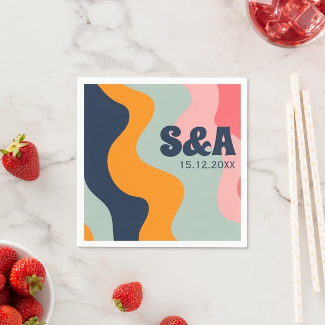Retro Groovy Pastel Pink Blue Orange Wedding Napkins (Insitu)