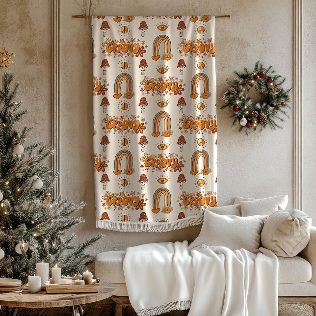 Retro Groovy Pastel Rainbows and Mushrooms Blanket (Retro Groovy Pastel Rainbows and Mushrooms Blanket)