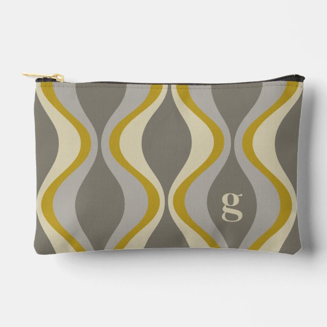 retro groovy pattern - monogram - gold taupe accessory pouch (Front)
