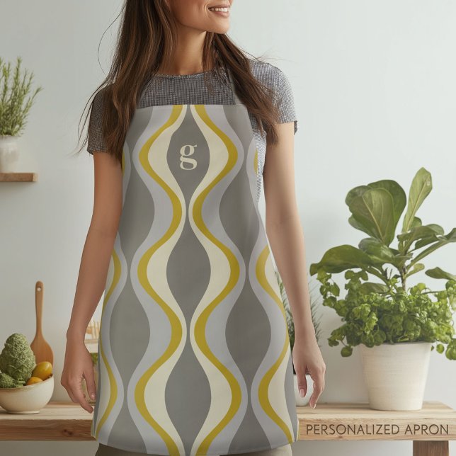 retro groovy pattern - monogram - gold taupe apron (Personalized Apron)