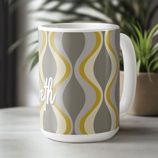 retro groovy pattern - monogram - gold taupe coffee mug (Custom Mug)