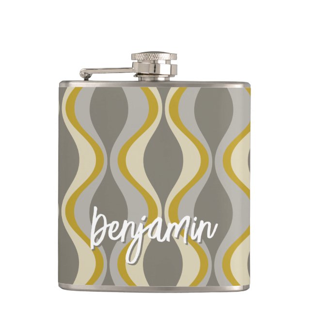 retro groovy pattern - monogram - gold taupe flask (Front)