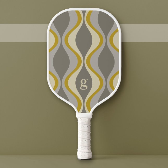 retro groovy pattern - monogram - gold taupe pickleball paddle (Custom Pickleball Paddle)
