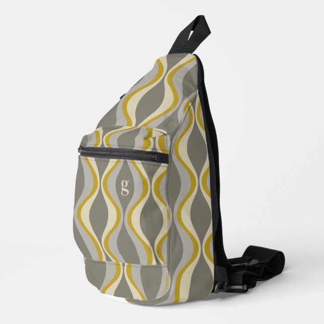 retro groovy pattern - monogram - gold taupe sling bag (Right Corner)
