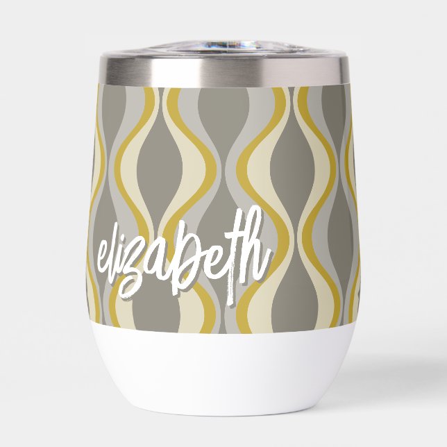 retro groovy pattern - monogram - gold taupe thermal wine tumbler (Front)
