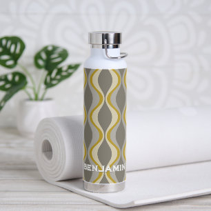 retro groovy pattern - monogram - gold taupe water bottle