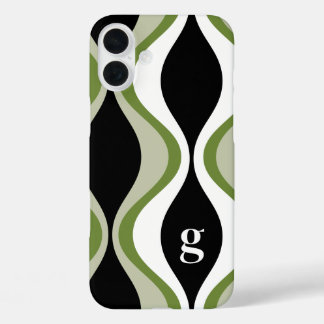 retro groovy pattern - monogram - olive black iPhone 16 plus case