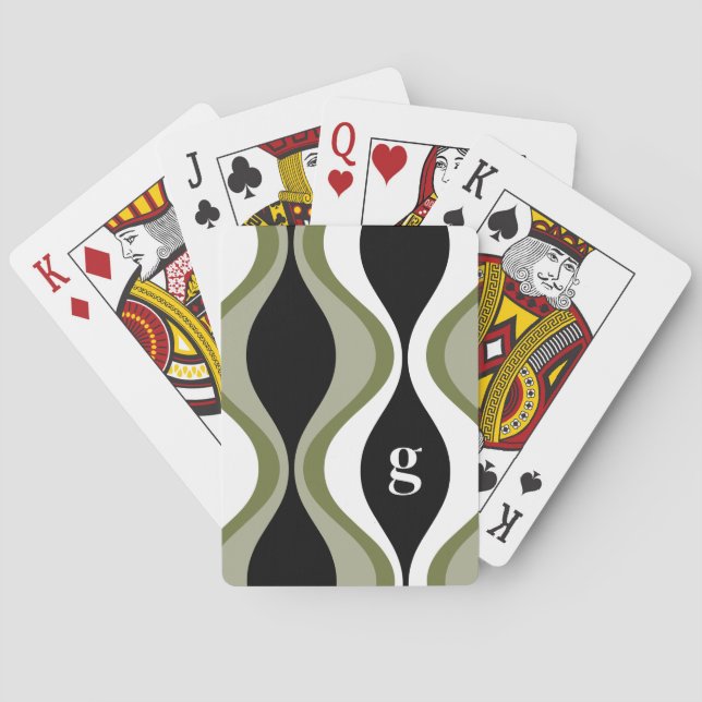 retro groovy pattern - monogram - olive black poker cards (Back)