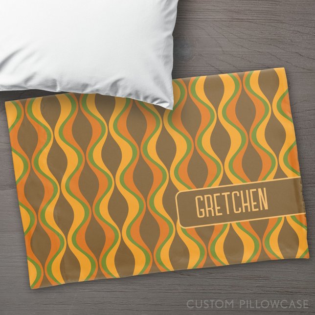 retro groovy pattern - monogram - olive pillow case (Custom Pillowcase)