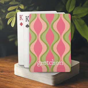 retro groovy pattern - monogram - olive pink poker cards