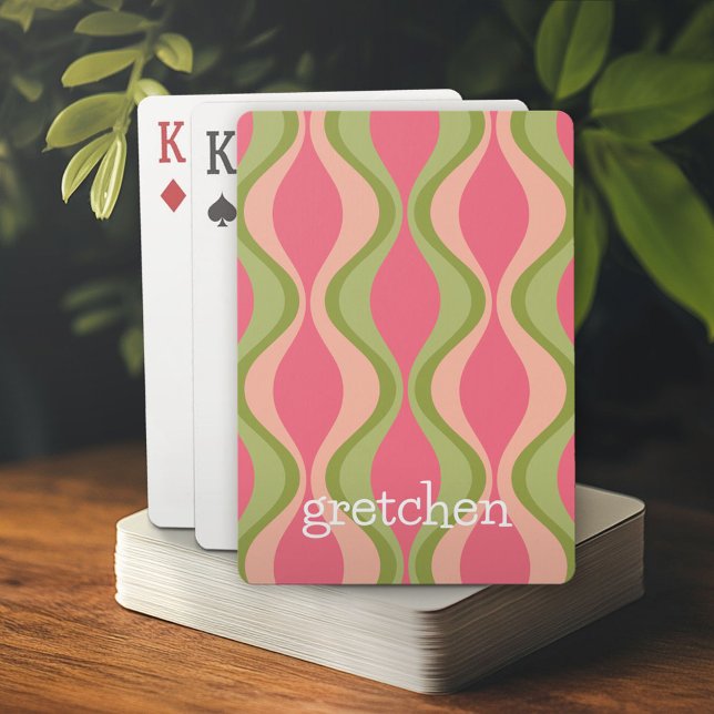 retro groovy pattern - monogram - olive pink poker cards (Personalized playing cards)