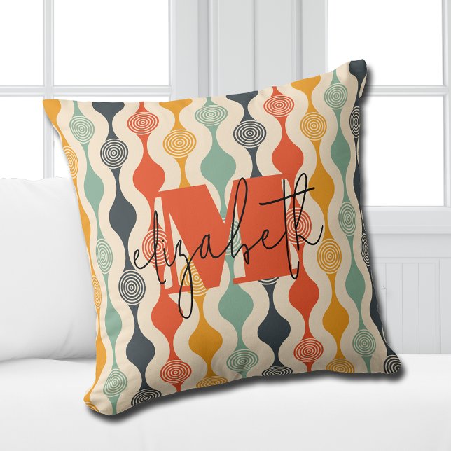 Retro Groovy Pattern Throw Pillow (Personalized or leave customization blank to remove monogram.)