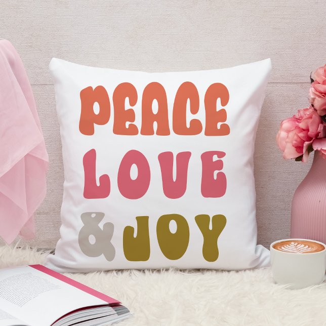 Retro Groovy Peace Love Joy Holiday  Throw Pillow (Back Photo Retro Groovy Peace Love Joy Holiday Photo Throw Pillow)