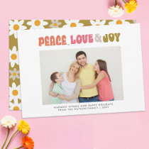 Retro Groovy Peace Love Joy Typography Photo Holiday Card