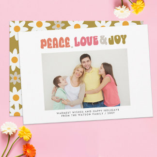 Retro Groovy Peace Love Joy Typography Photo Holiday Card