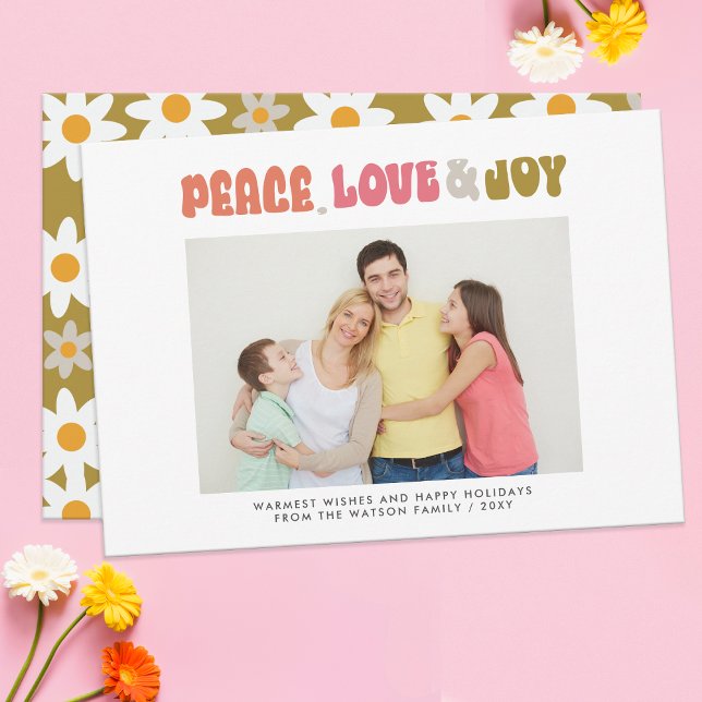 Retro Groovy Peace Love Joy Typography Photo Holiday Card (Retro Groovy Peace Love Joy Typography Photo Holiday Card)