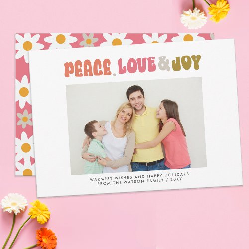 Retro Groovy Peace Love Joy Typography Photo Holiday Card