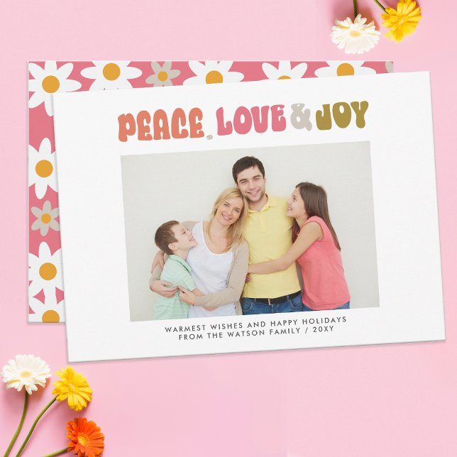 Retro Groovy Peace Love Joy Typography Photo Holiday Card (Retro Groovy Peace Love Joy Typography Photo Holiday Card)