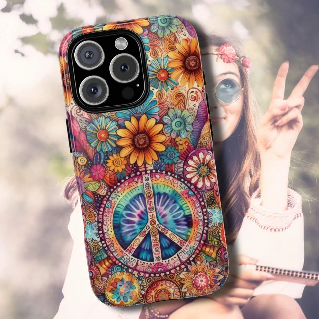 Retro Groovy Peace Sign With Hippie Tie dye  iPhone Case (Creator Uploaded)