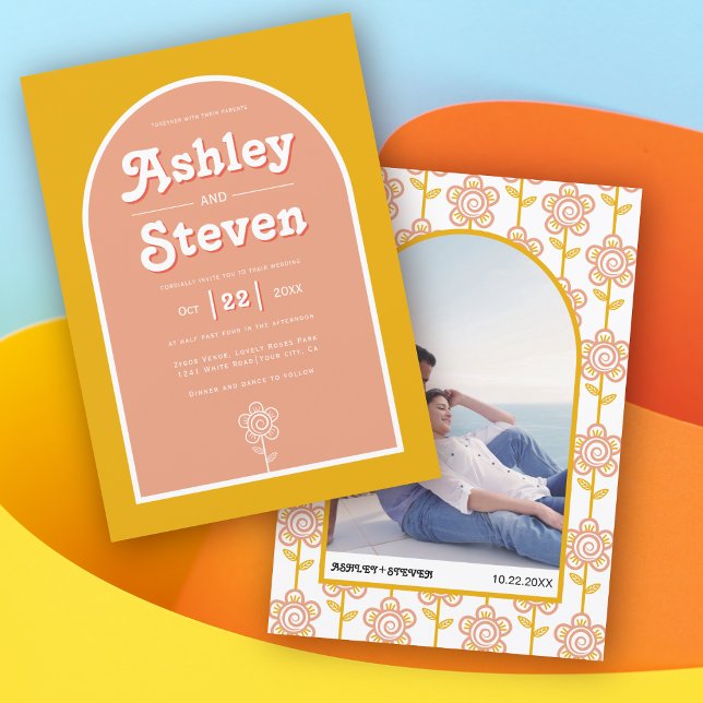 Retro groovy peach and yellow 70s inspired wedding invitation (Creator Uploaded)