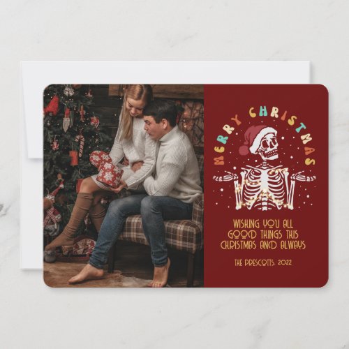 Retro Groovy Photo Merry Christmas Skeleton Card
