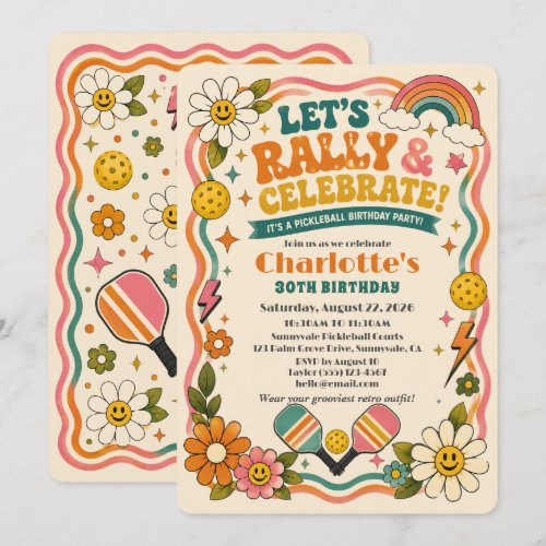 Retro Groovy Pickleball Birthday Invitation