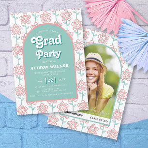 Retro groovy pink and aqua flowers 70s Graduation Invitation