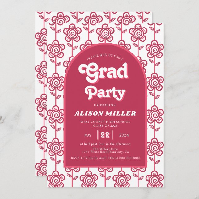 Retro groovy pink and aqua flowers 70s Graduation Invitation (Front/Back)