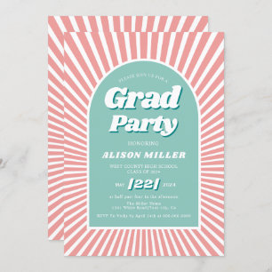 Retro groovy pink and aqua sunrays 70s Graduation Invitation