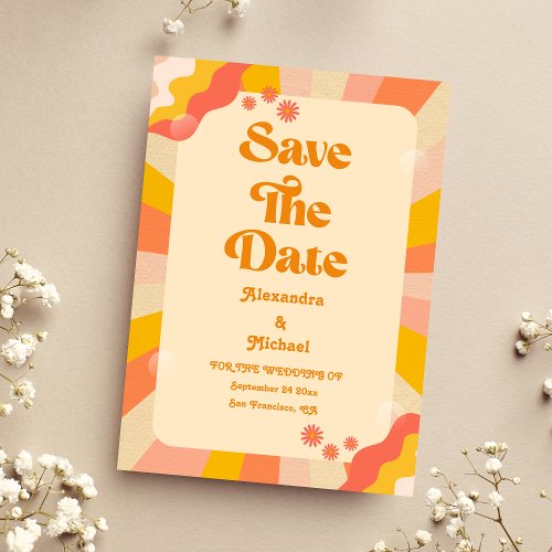 Retro Groovy Pink and Gold Wave Wedding Save The D Save The Date