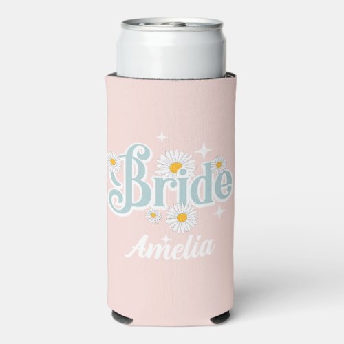 Retro groovy pink Bachelorette Party bride Seltzer Can Cooler