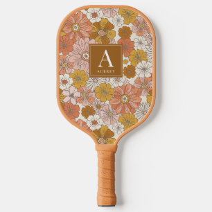 Retro & Groovy Pink Brown Floral Pattern Pickleball Paddle