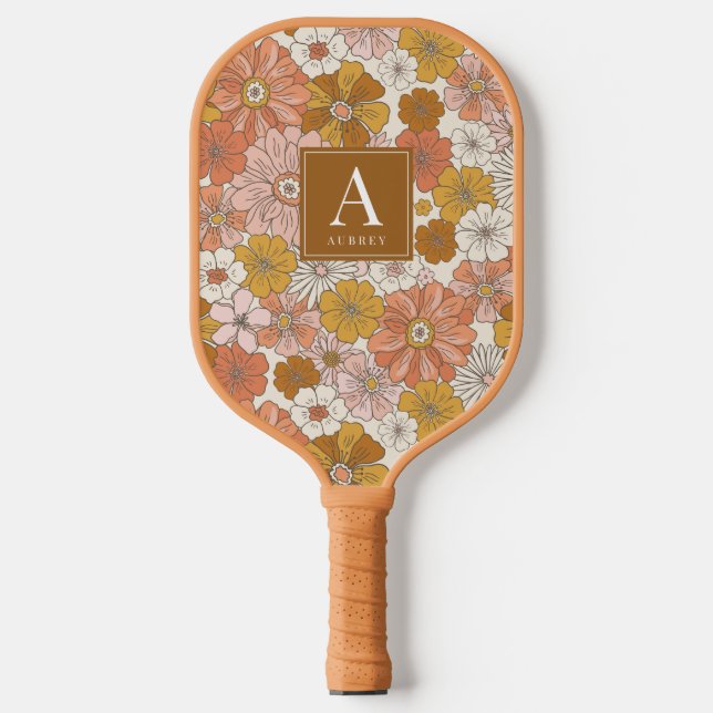 Retro & Groovy Pink Brown Floral Pattern Pickleball Paddle (Front)