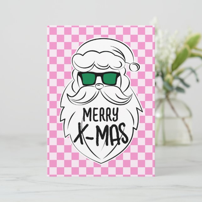Retro Groovy Pink Checkered Santa Claus Christmas  Holiday Card (Standing Front)