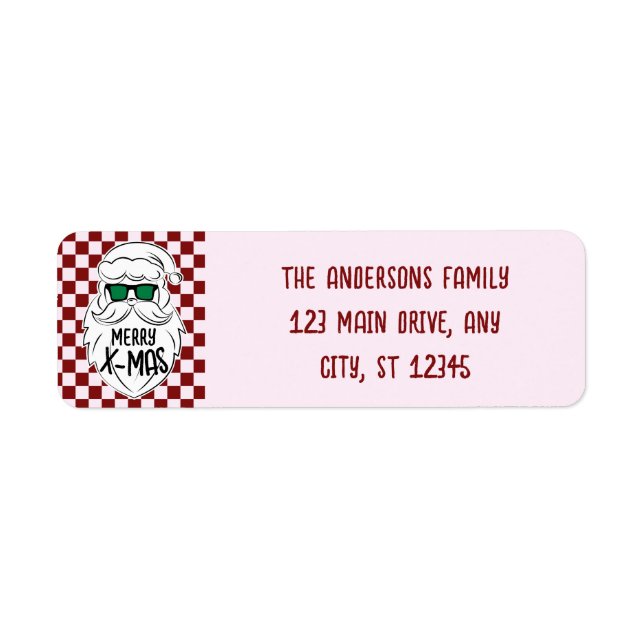 Retro Groovy Pink Checkered Santa Claus Christmas Label (Front)
