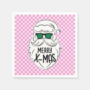 Retro Groovy Pink Checkered Santa Claus Christmas Napkins