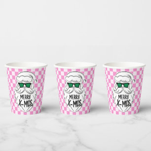 Retro Groovy Pink Checkered Santa Claus Christmas  Paper Cups