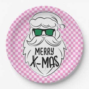 Retro Groovy Pink Checkered Santa Claus Christmas Paper Plates