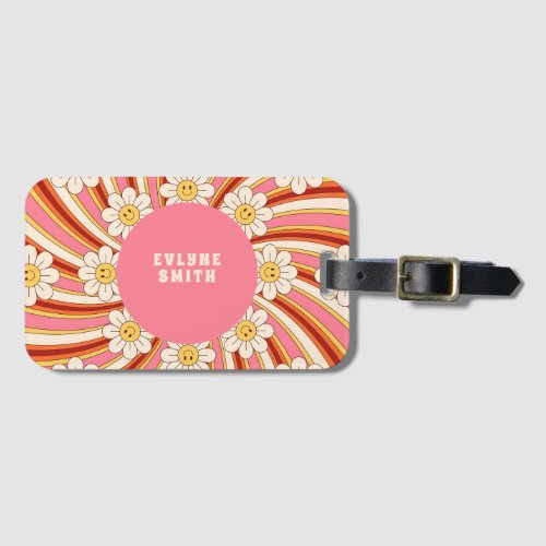 Retro Groovy Pink Colorful 70s Floral  Luggage Tag
