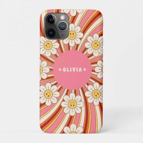 Retro Groovy Pink Colorful 70s Smiling Daisies  iPhone 11 Pro Case